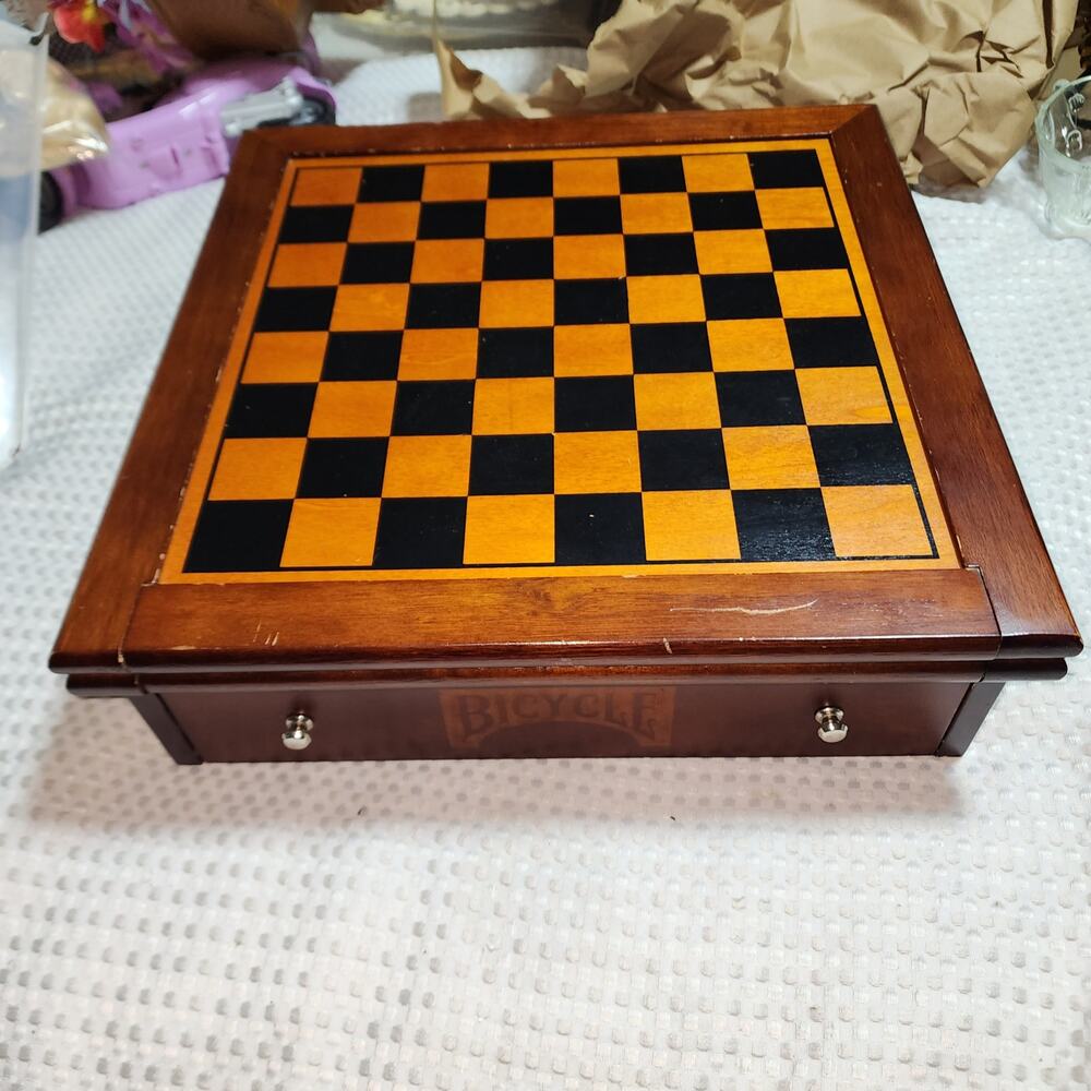 VINTAGE BICYCLE EUC WOOD CHESS & OTHER FAMILY  GAME SET